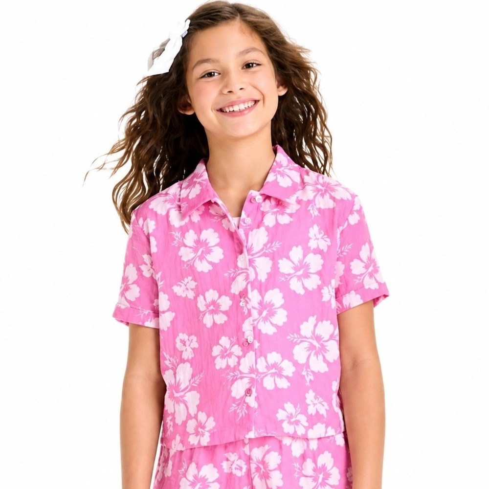 Disney Minnie Mouse‎ Girls Pink Hibiscus Floral Cotton Gauze Button Down Shirt S